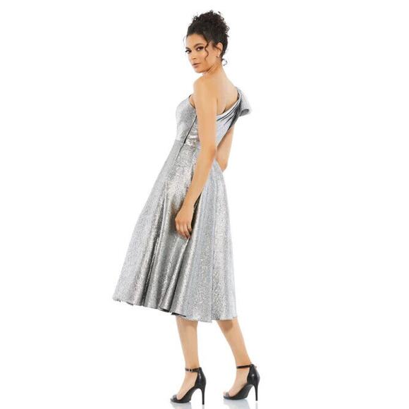 New Mac Duggal Dress Silver 8 One Shoulder Bow A Line Dress Gown Ruffle 67906 - Picture 3 of 8